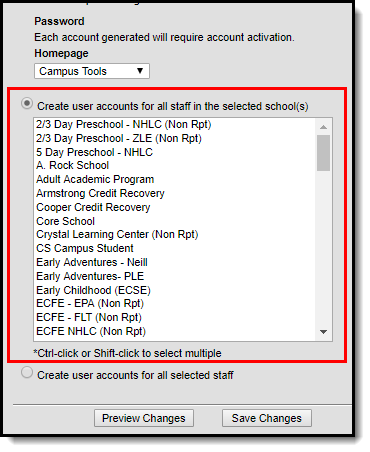 screenshot of the create user accounts for all staff in the selected school field highlighted