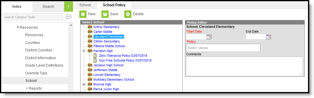 Screenshot of the School Policy tool.