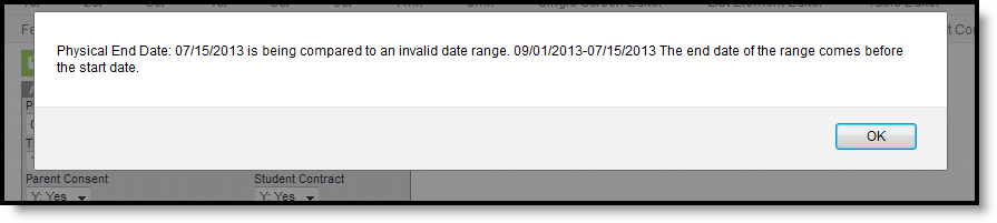 Screenshot of the End Date and Start Date validation