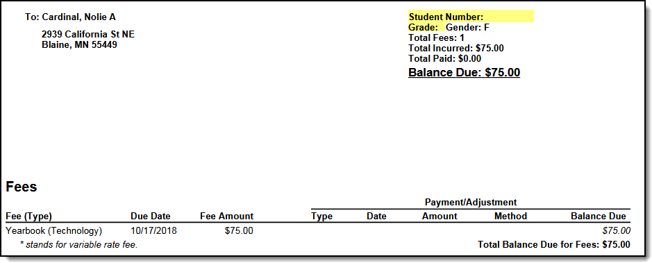 Screenshot of a person fee billing report