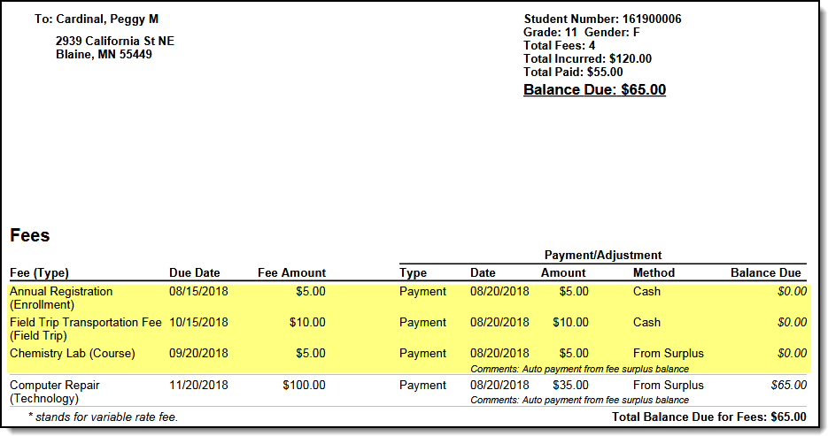 Screenshot of a report with fees paid in full