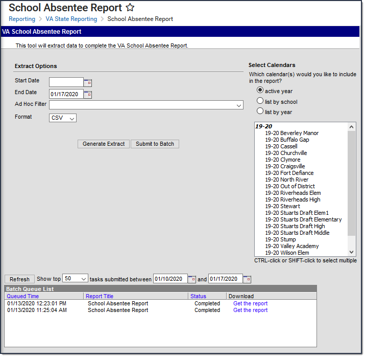 Screenshot of the School Absentee Report extract editor.
