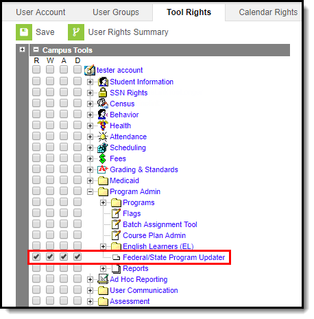 Screenshot of Federal/State Program Updater Tool Rights.