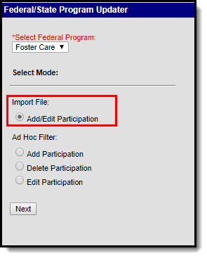 Screenshot of editor with Foster Care and Add/Edit Participation Import File options selected.