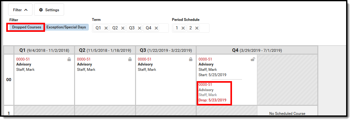 Screenshot showing dropped courses in the schedule grid when the Dropped Courses option is selected. 