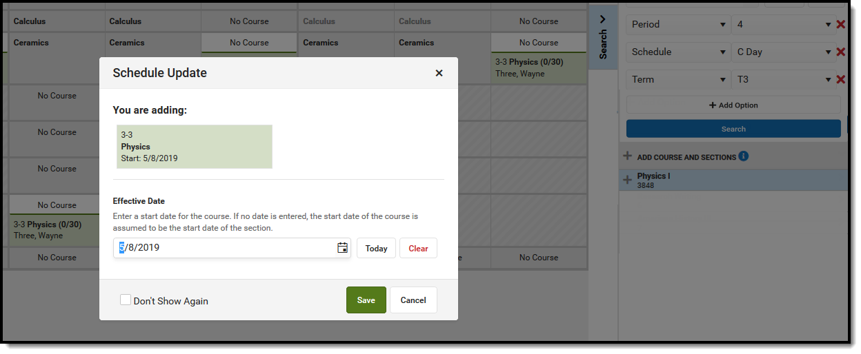 Screenshot of the Schedule Update modal showing the added course on the schedule. 