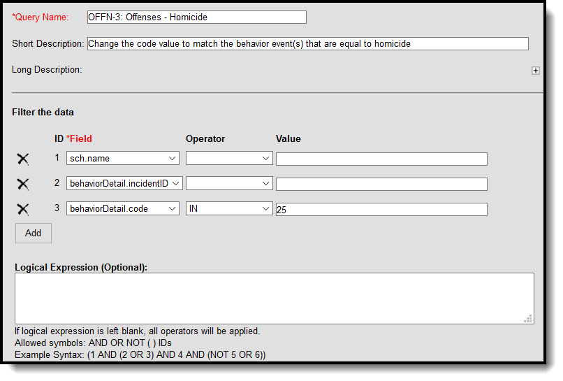 Screenshot of Filter Identifying Offenses with Homicide