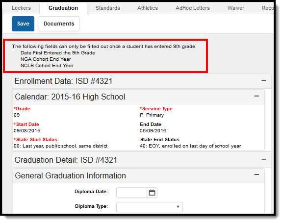 Screenshot of the fields populated for 9-12 grade students only