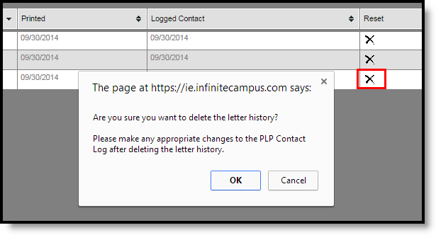 Screenshot displaying the dialog box that displays when clicking the X in the Reset column to reset the student and delete the letter history.
