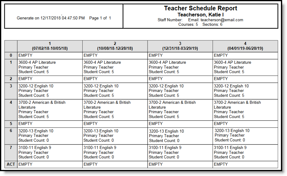 Screenshot of an example of a teacher schedule.  