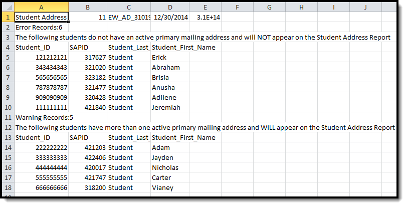 Screenshot of an example of the Student Address Errors and Warnings Report in State Format (CSV).