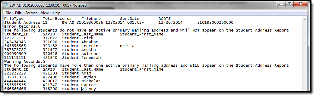 Screenshot of an example of the Student Address Errors and Warnings Report in Tab Delimited Format.