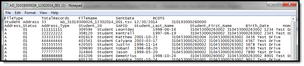 Screenshot of an example of the Student Address Report in Tab Delimited Format.