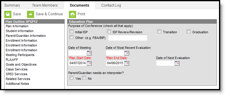 Screenshot of the Individual Service Plan with the first editor selected.