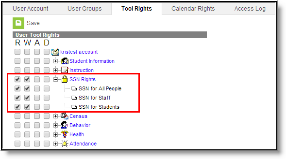 Screenshot of Social Security Number tool rights with Read and Write tool rights selected for SSN for All People, SSN for Staff, and SSN for Students selected.