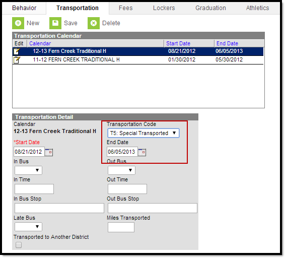Screenshot of the Transportation tool with Transportation Code and End Date fields highlighted. 