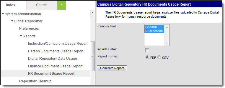 Screenshot of the HR Documents Usage Report parameters screen.