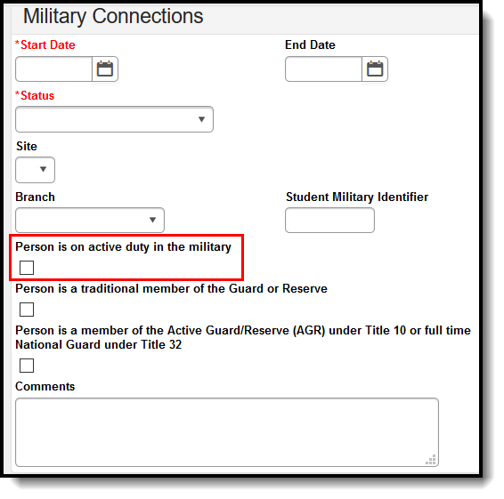 Screenshot of the person is on active duty in the military checkbox.