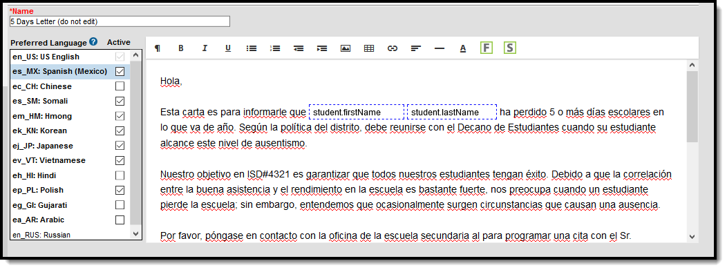 Screenshot of a sample letter template in Spanish.