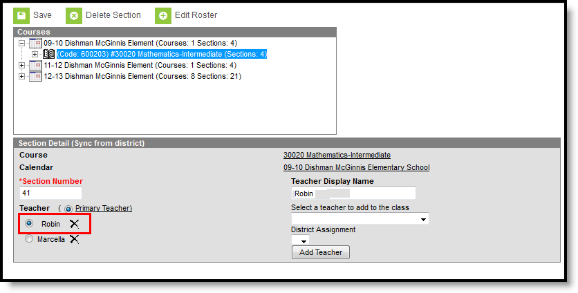 Screenshot of the Section Detail Editor highlighting the Primary Teacher section.