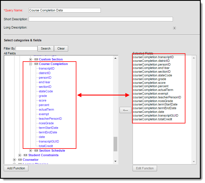 Screenshot of Course Completion Data Ad Hoc Fields