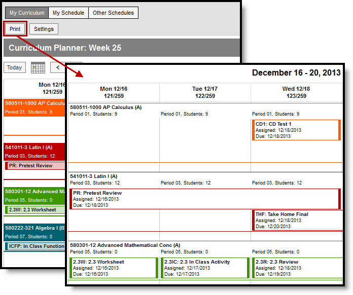 Two-part screenshot highlighting the Print button in the Curriculum View and showing the printed curriculum calendar.  