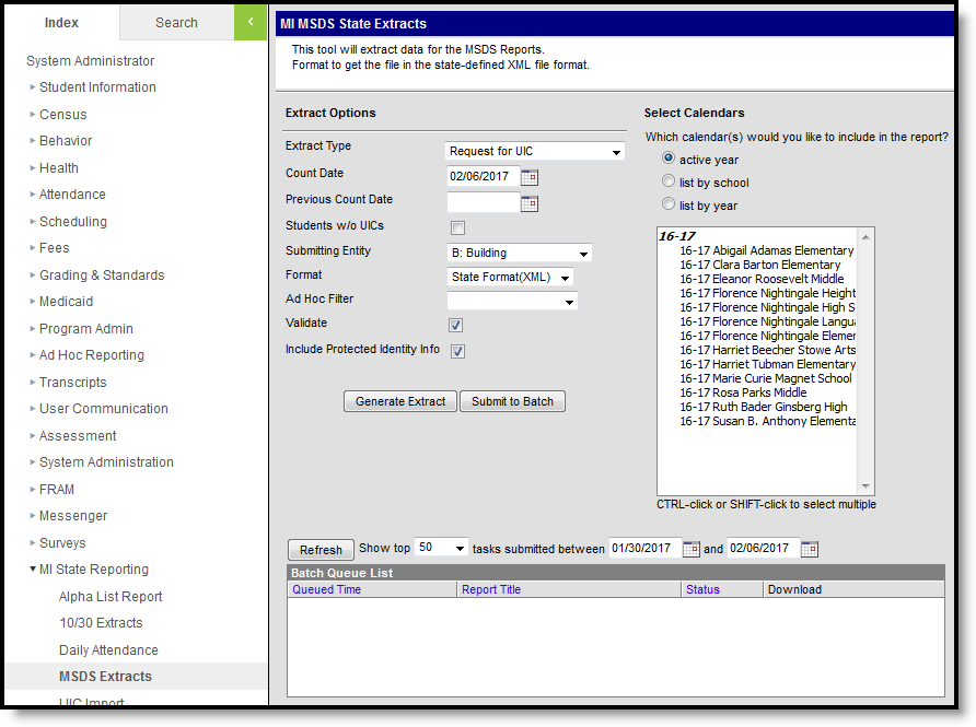 Screenshot of the MSDS request for UIC extract editor.  