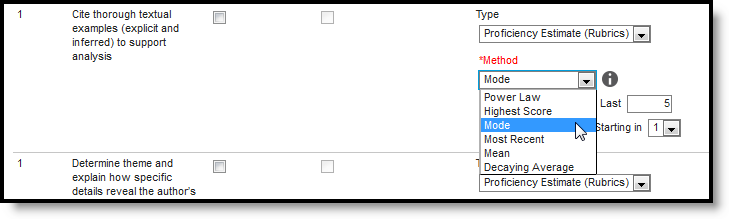 Screenshot of the Method dropdown list showing the options for calculating grades for Standards. 