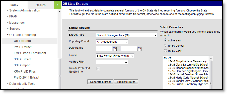 Screenshot of the Student Demographics (GI) extract editor.  