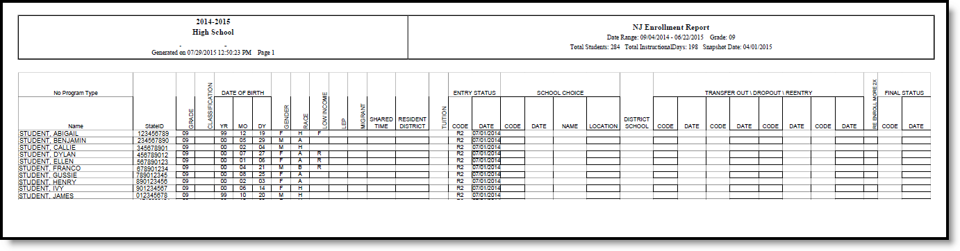 Image of the Enrollment Report Type in the State Format