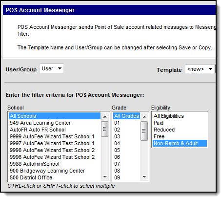 Screenshot of the filters used to select to send messages to staff (All Schools, All Grades, Non-Reimb & Adult). 