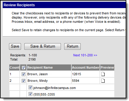Screenshot of the Review Recipients screen.