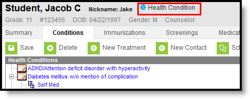 Screenshot of the Health Condition Symbol displayed in the student header next to their name.