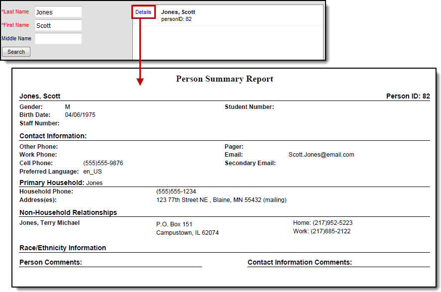 Screenshot of the person summary report