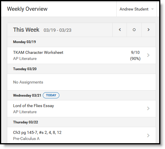 Screenshot of the weekly overview in campus parent.