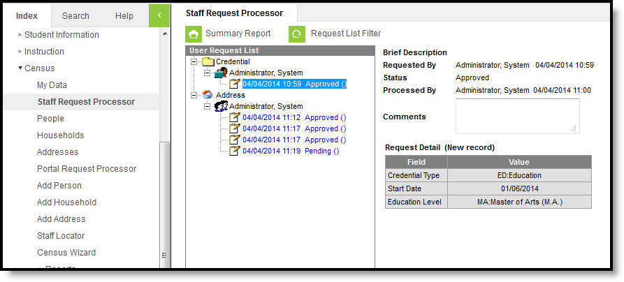 Screenshot of the Staff Request Processor,  located at Census, Change Requests