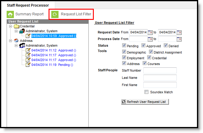 Screenshot of the Request List Filter