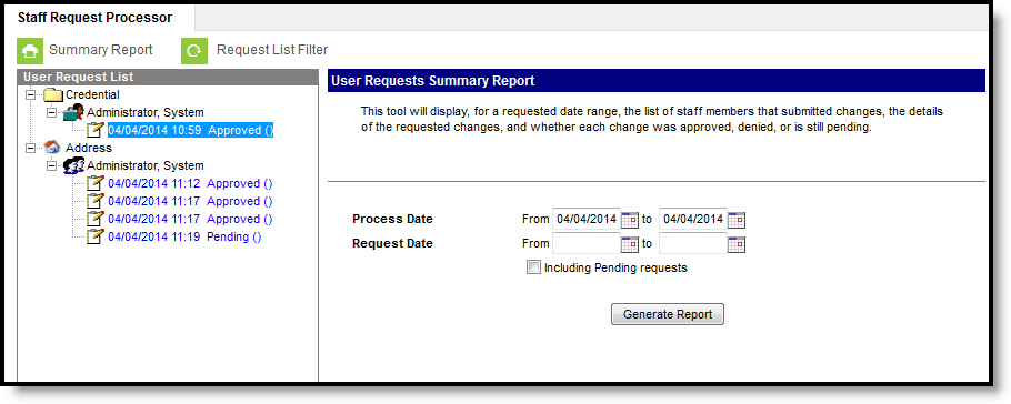 Screenshot of the User Requests Summary Report