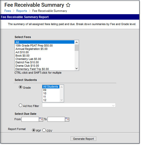 Screenshot of the options that can be selected for the Fee Receivable Summary report.