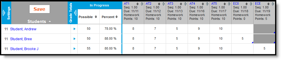 Screenshot of the Grade Book with a student receiving a score on an assignment from which other students are exempt.
