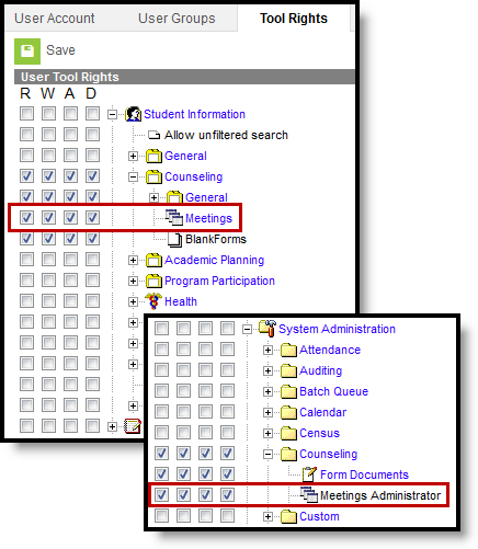Two-part screenshot highlighting both sets of meetings tool rights. 