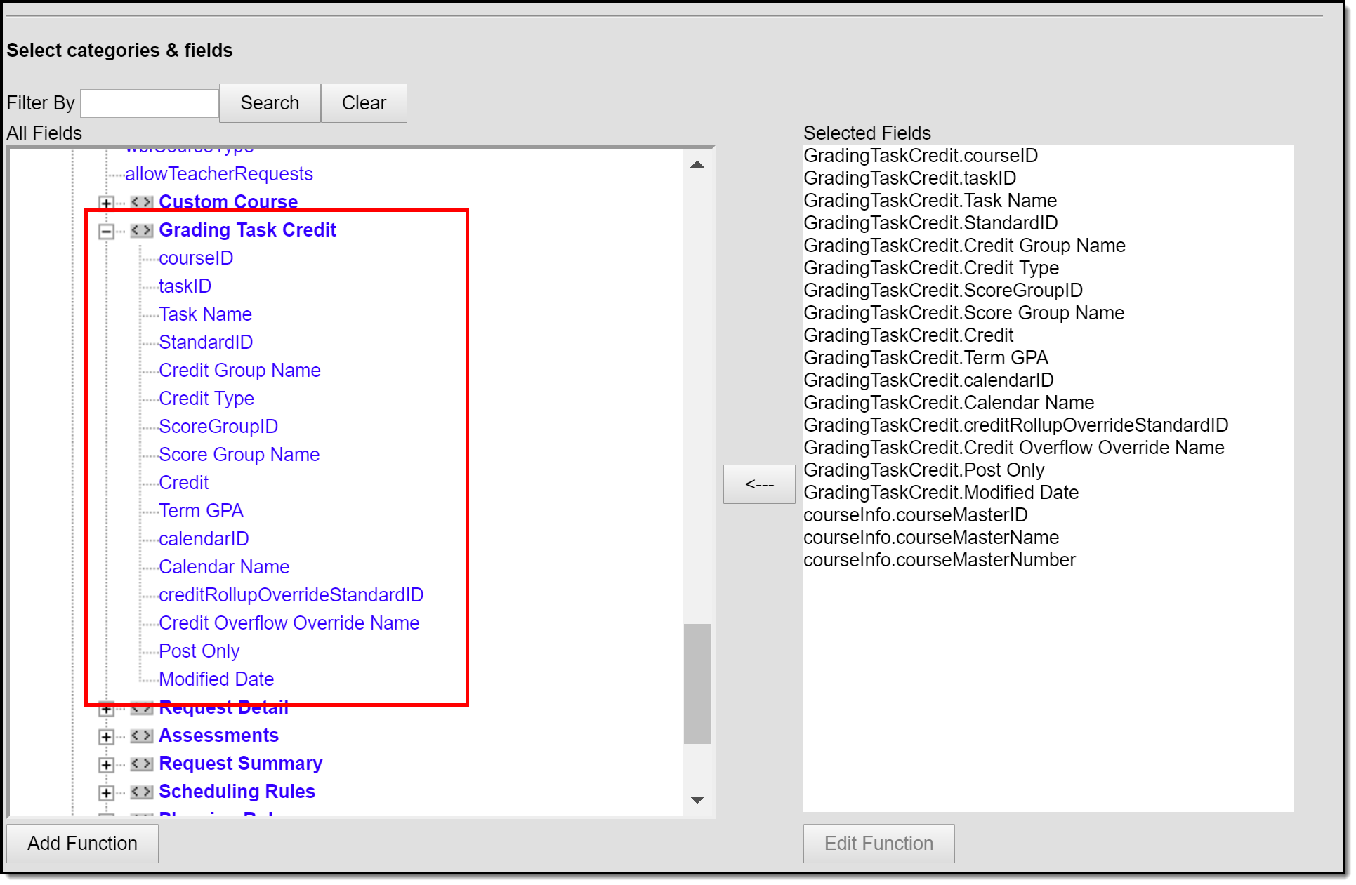 Screenshot highlighting the Standards fields in an Ad hoc query.