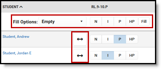 Screenshot of the Fill Options in the table header highlighting the option to fill across.  
