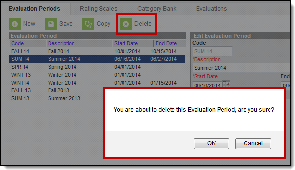 Screenshot of deleting an evaluation period