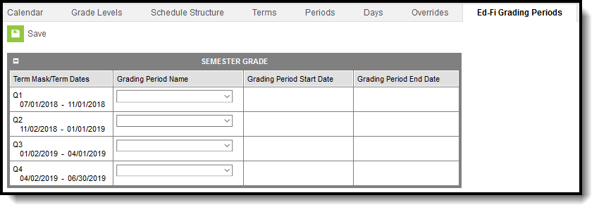 Screenshot of Ed-Fi Grading Periods editor with Term dates.
