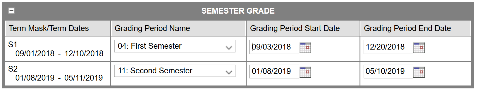 Screenshot of ed fi grading periods.