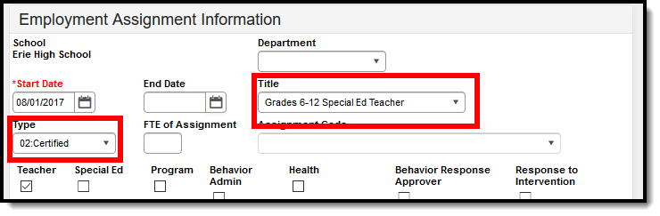Screenshot of the Title and Type fields highlighted on the District Assignment tool.