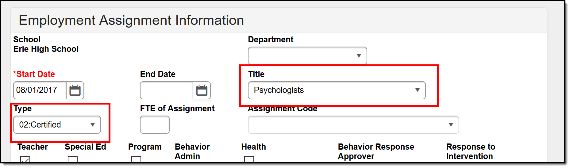 Screenshot of the Title and Type fields highlighed on the District Assignment tool.