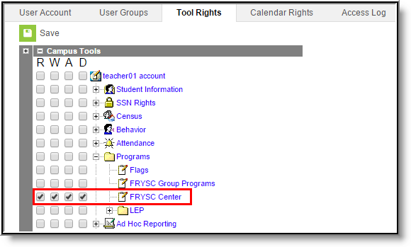 Screenshot of FRYSC Center tool rights with Read, Write, Add, and Delete rights selected.