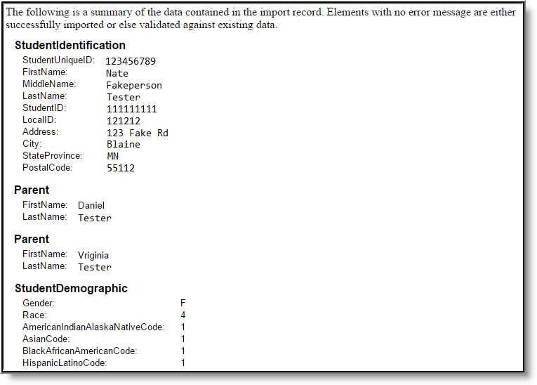 Screenshot of the summary of data contained within the import file.